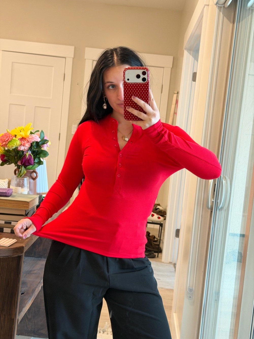 Women’s Red Long Sleeve Ribbed Henley Top